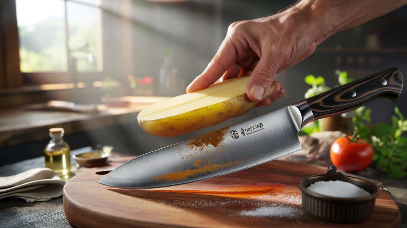 Cleaning Hack: Use a "potato slice" to remove rust from your kitchen knives instantly.
